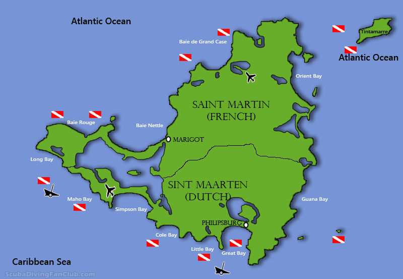 Map of diving in St Martin